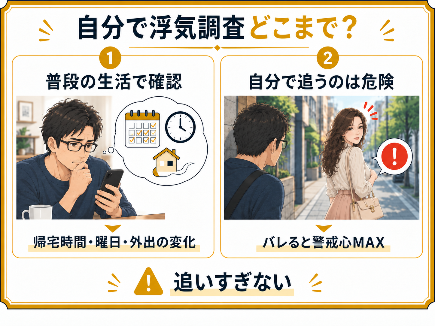 自分で妻の浮気調査をする場合の確認範囲と、妻にバレて警戒されるリスク