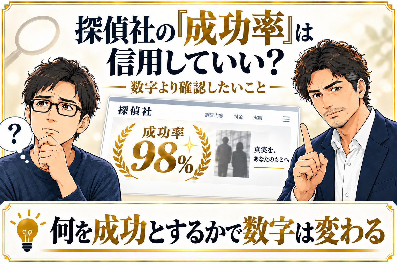 妻の浮気調査を依頼する探偵社の成功率について確認するイメージ